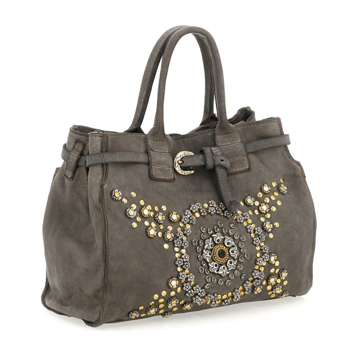Shopping bag Rosella with studs and rhinestones (Leather) Cement Grey