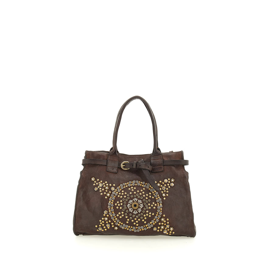 Shopping bag Rosella with studs and rhinestones  LARGE (Leather) Moro brown