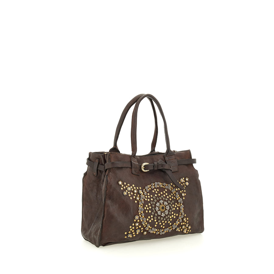 Shopping bag Rosella with studs and rhinestones  LARGE (Leather) Moro brown