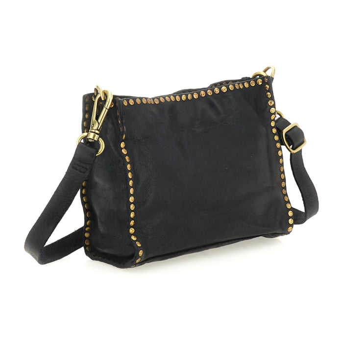 Kura Crossbody Bag Agata in garment-dyed cowhide leather with studs (Black)