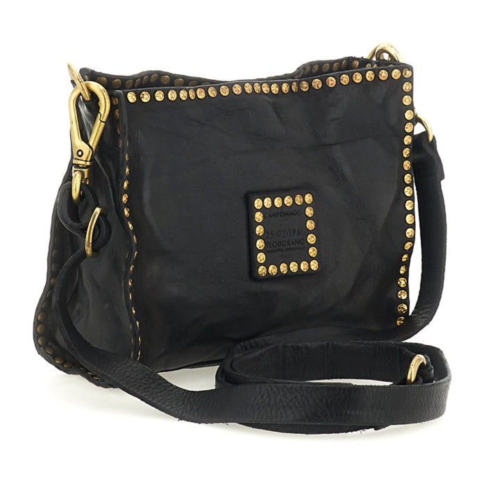 Kura Crossbody Bag Agata in garment-dyed cowhide leather with studs (Black)