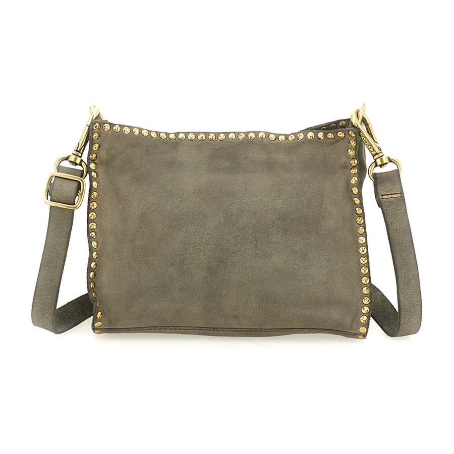 Kura Crossbody Bag Agata in garment-dyed cowhide leather with studs (Cement Grey)
