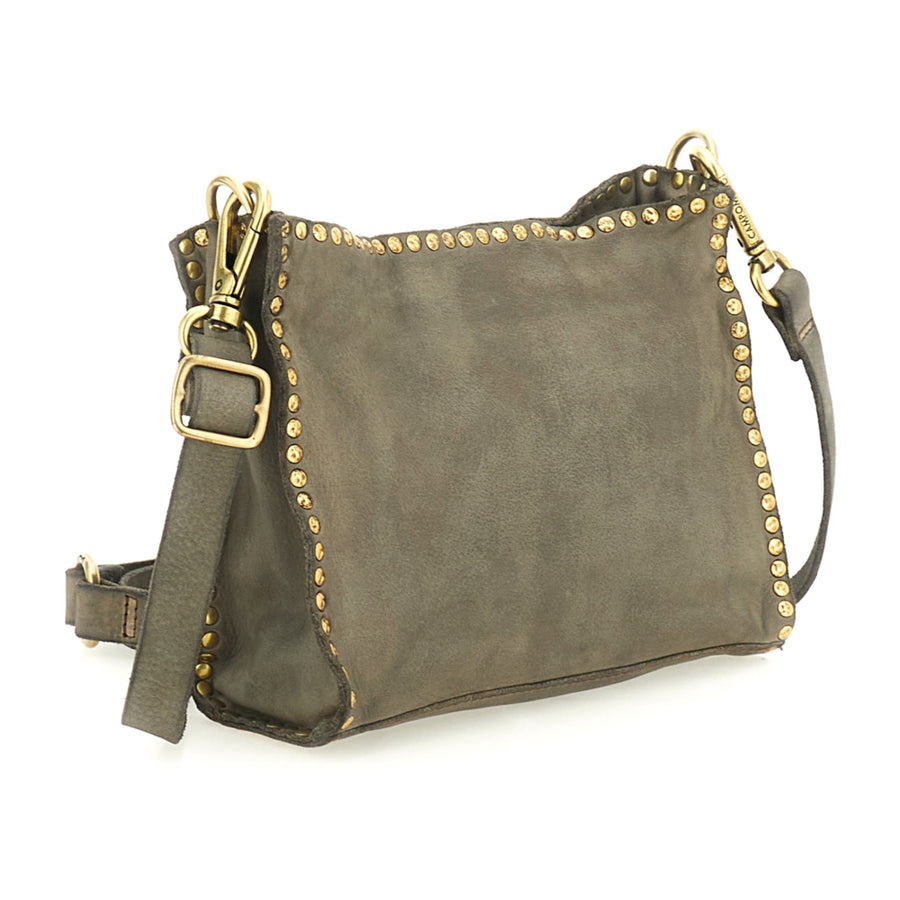 Kura Crossbody Bag Agata in garment-dyed cowhide leather with studs (Cement Grey)