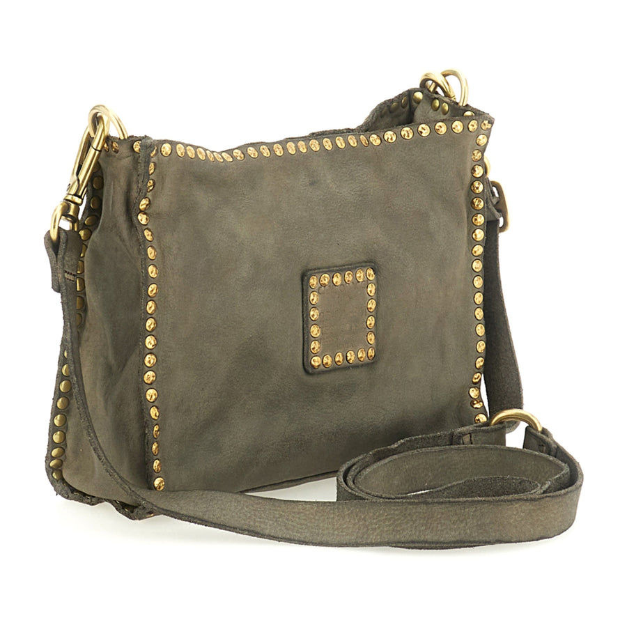Kura Crossbody Bag Agata in garment-dyed cowhide leather with studs (Cement Grey)