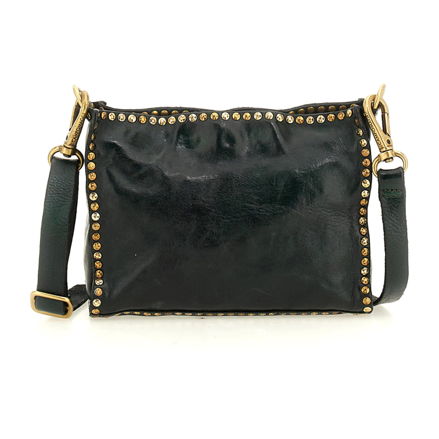 Kura Crossbody Bag Agata in garment-dyed cowhide leather with studs (Bottle Green)