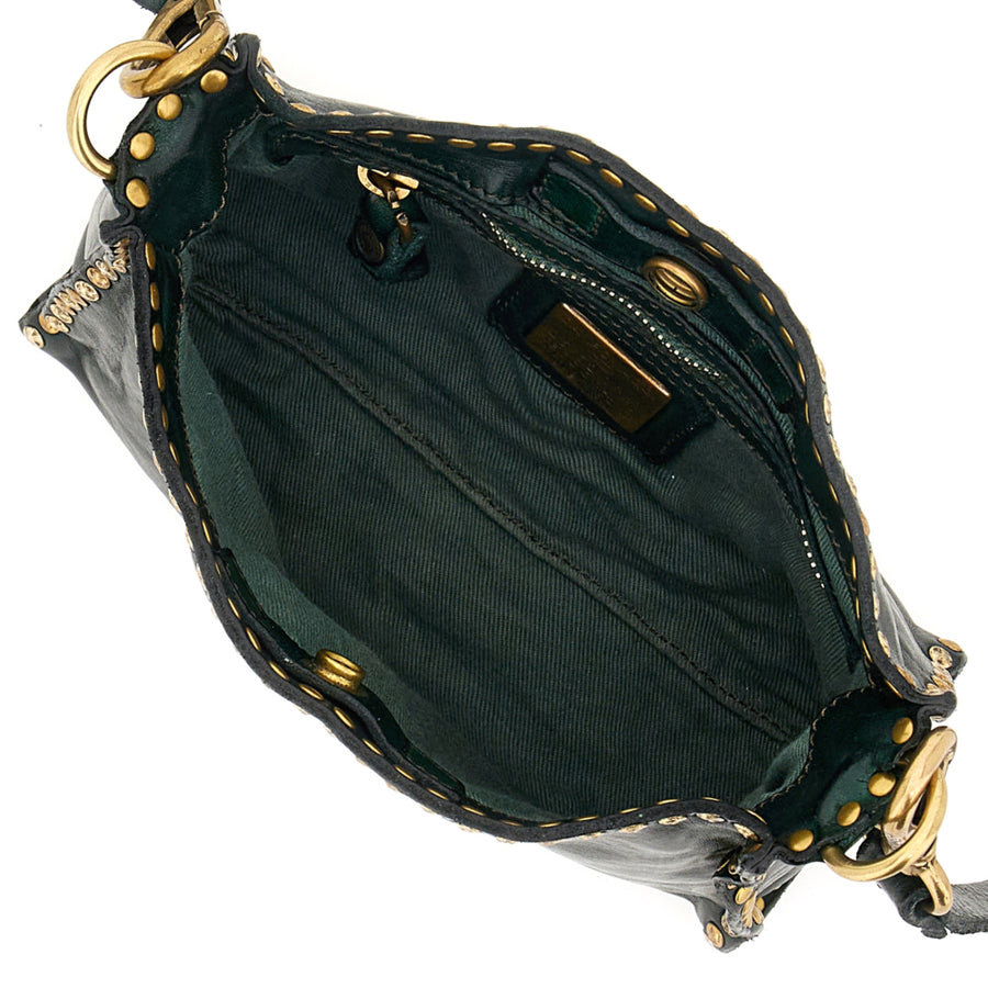 Kura Crossbody Bag Agata in garment-dyed cowhide leather with studs (Bottle Green)