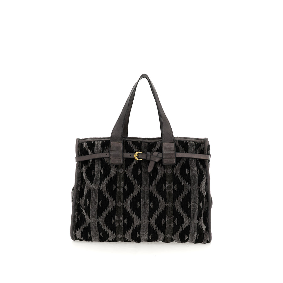 Teresa Shopping Bag in Patricia kilim velvet fabric and garment-dyed cowhide leather - Grey