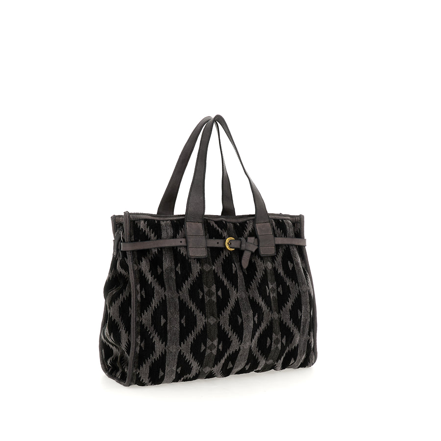 Teresa Shopping Bag in Patricia kilim velvet fabric and garment-dyed cowhide leather - Grey