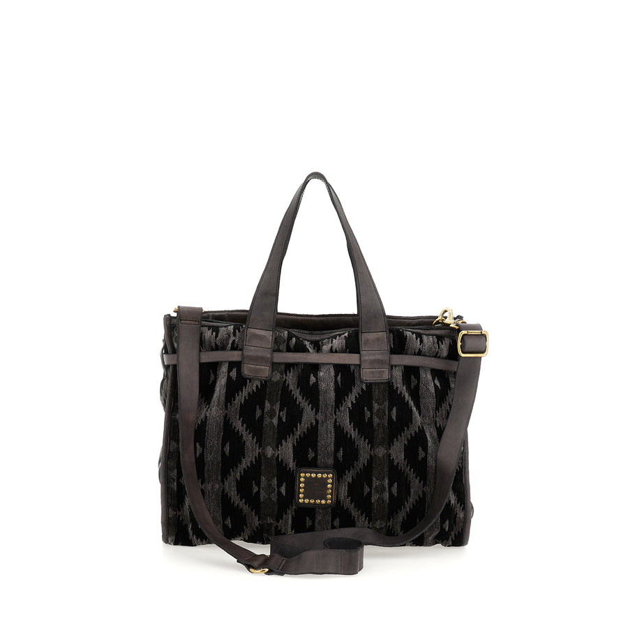 Teresa Shopping Bag in Patricia kilim velvet fabric and garment-dyed cowhide leather - Grey