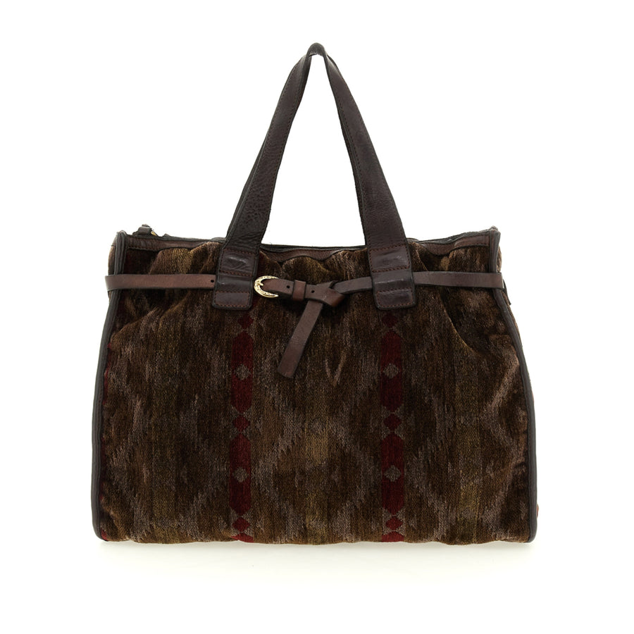 Teresa Shopping Bag in Patricia kilim velvet fabric and garment-dyed cowhide leather - Brown