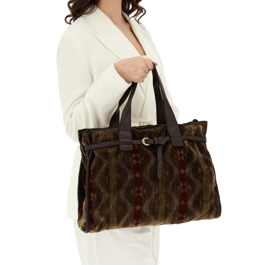 Teresa Shopping Bag in Patricia kilim velvet fabric and garment-dyed cowhide leather - Brown