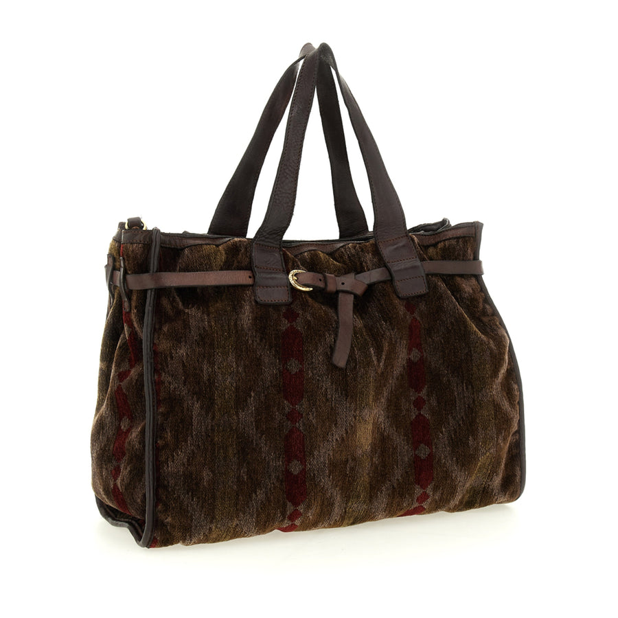 Teresa Shopping Bag in Patricia kilim velvet fabric and garment-dyed cowhide leather - Brown
