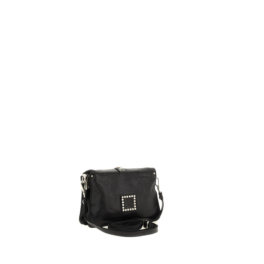 Melita Cross-body bag in black garment-dyed cowhide leather with flower studs