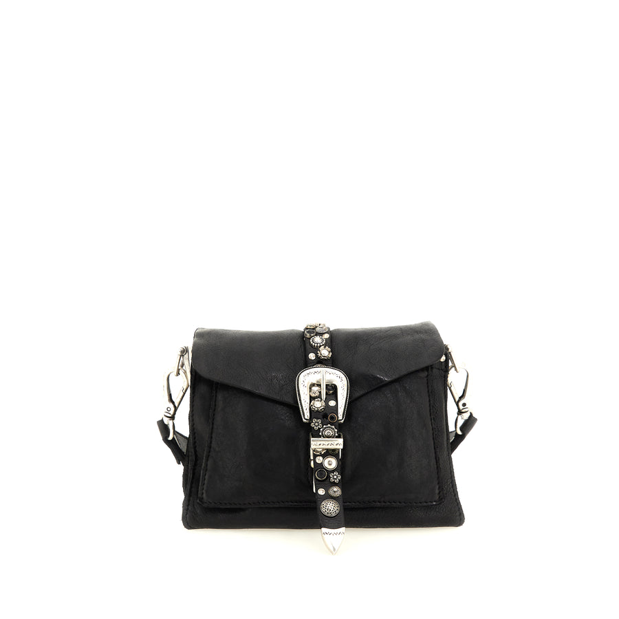 Melita Cross-body bag in black garment-dyed cowhide leather with flower studs