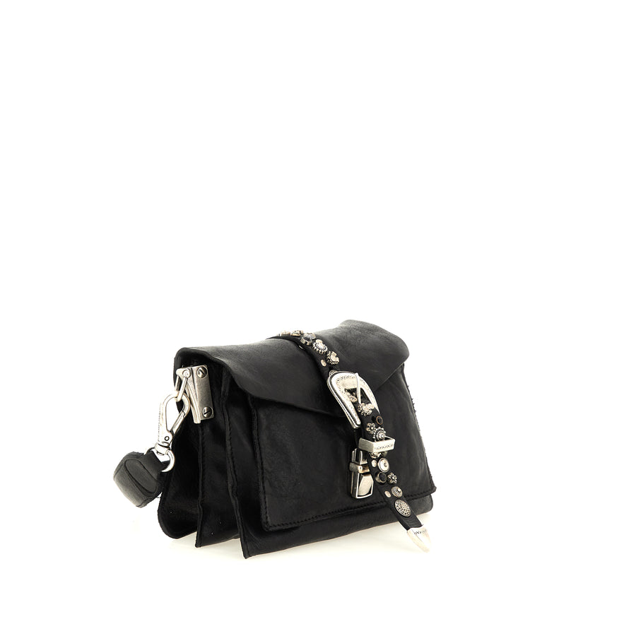 Melita Cross-body bag in black garment-dyed cowhide leather with flower studs