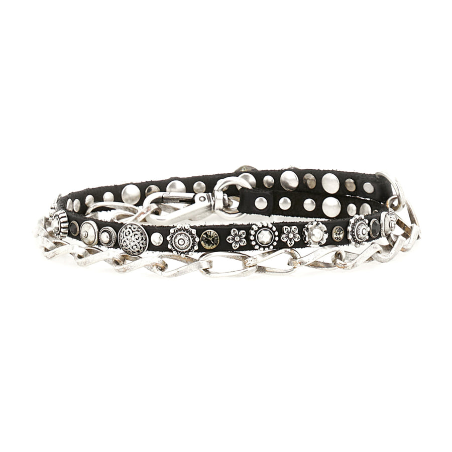 Belt made of chain and garment-dyed cowhide leather with studs