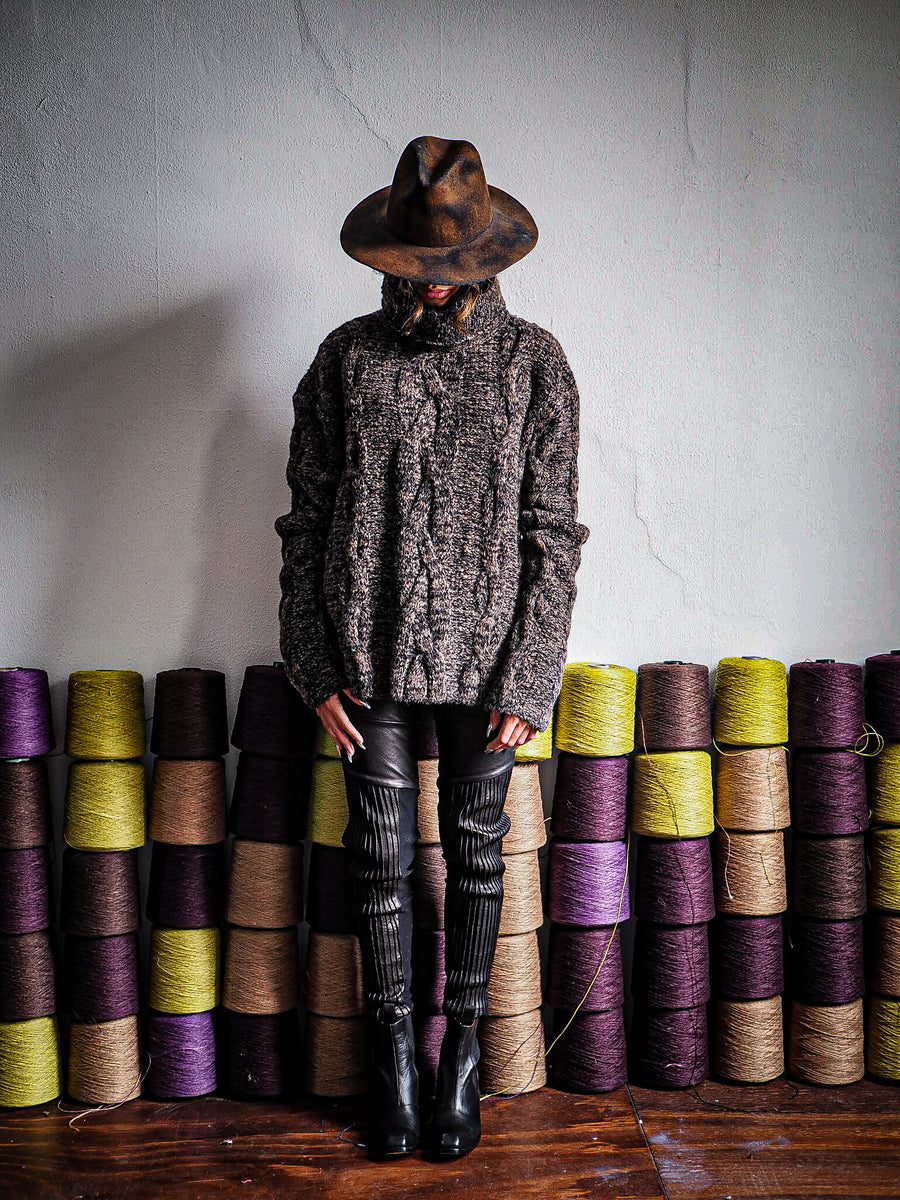 Cable Knit Funnel Neck Sweater - Snow Marble