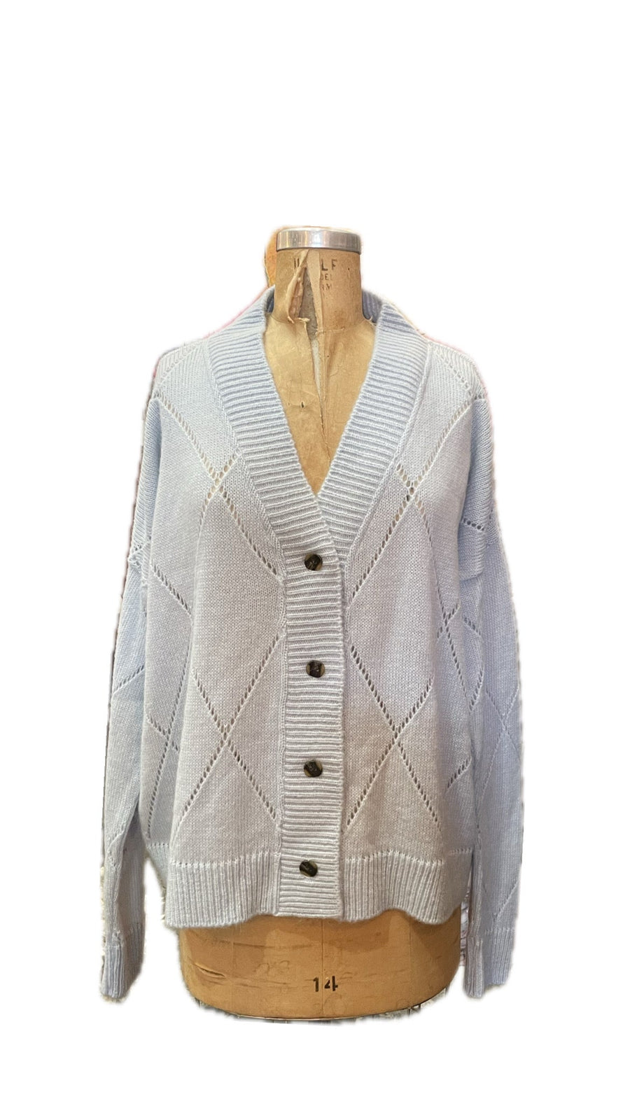 Argyle Eyelet Grandpa Cardigan  (Alpaca) - Duck Egg
