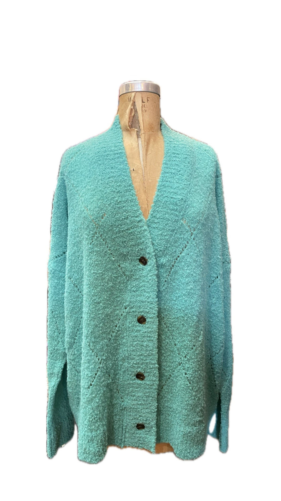 Argyle Eyelet Grandpa Cardigan  (Alpaca) - Duck Egg