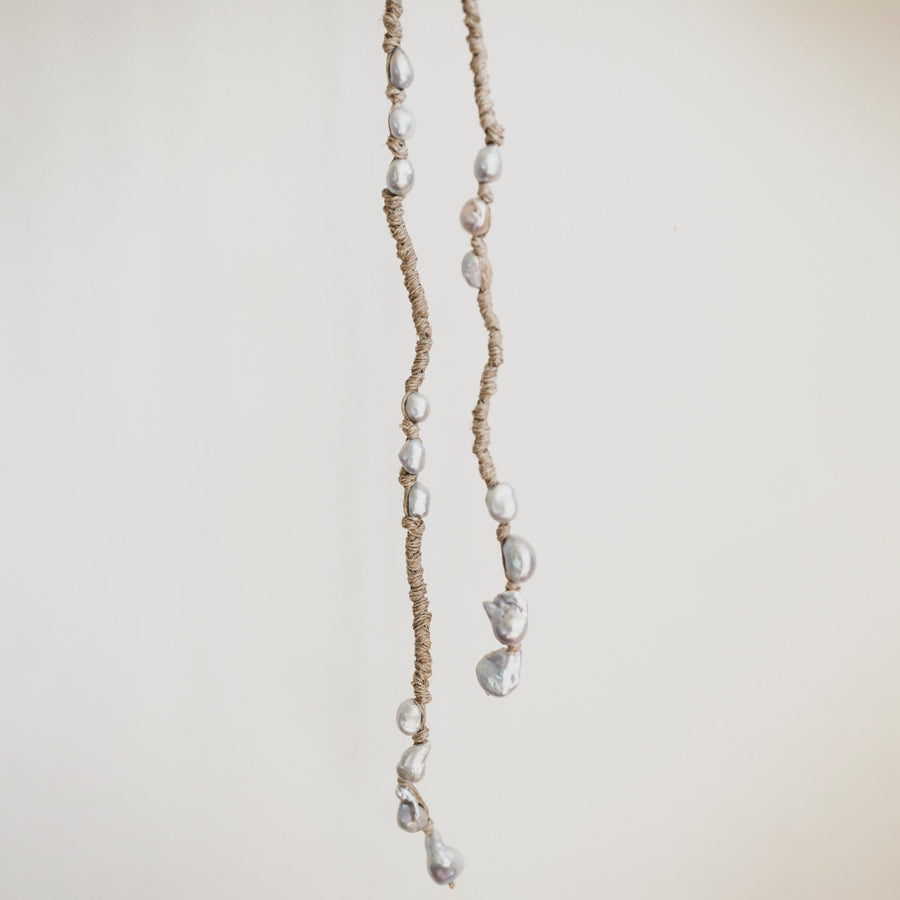 Mela Multi Pearl Linen Wrap Necklace - Silver