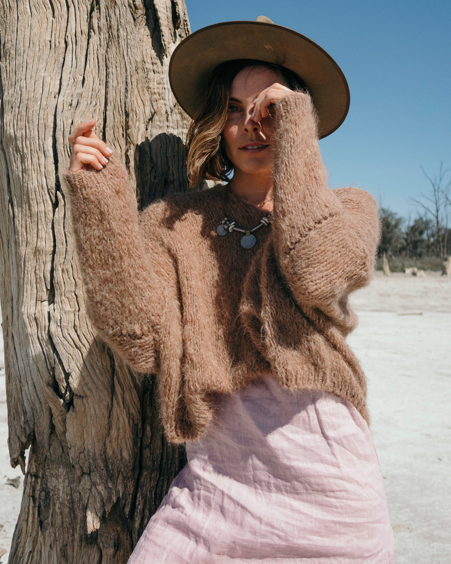 Hand Knit Batwing Sweater (Alpaca) - Candy Pink