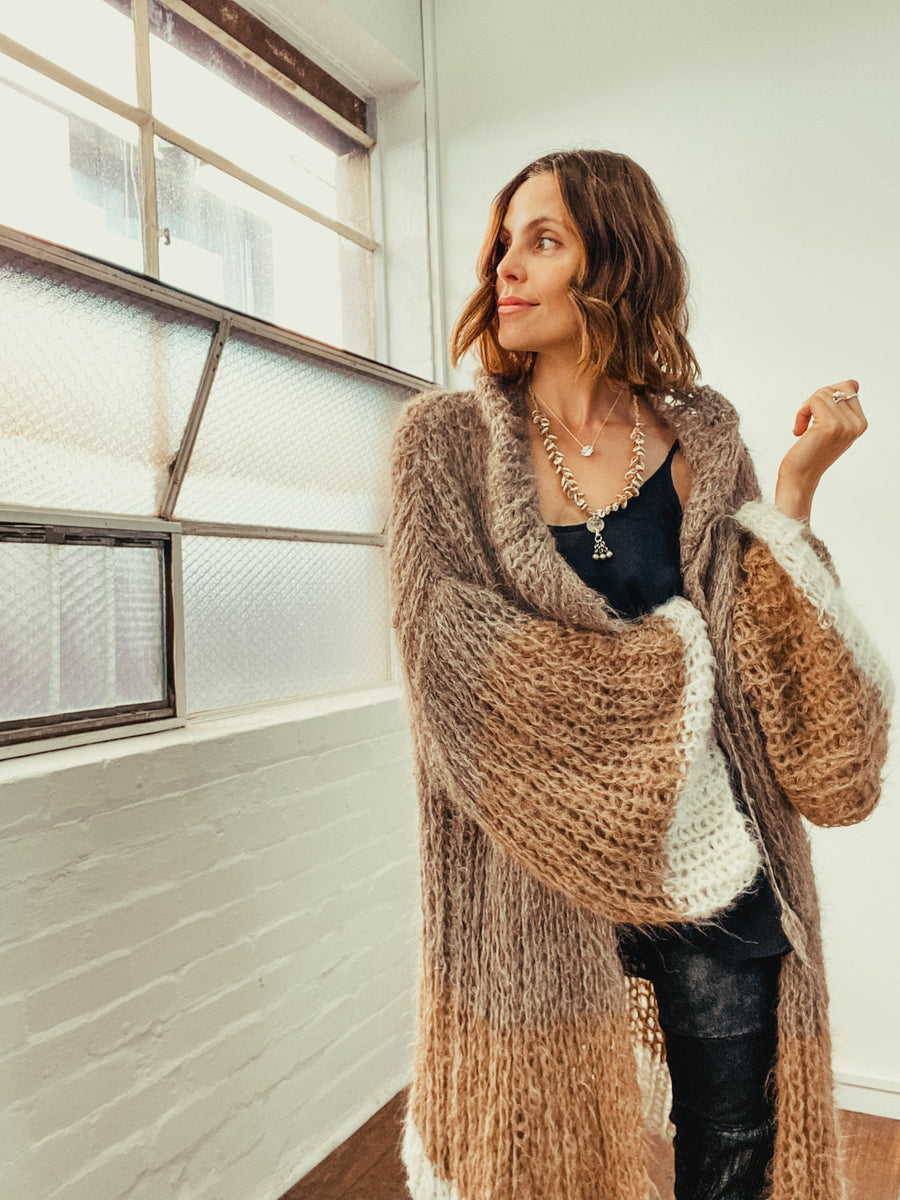 Shawl Collar Handknit Cardigan (Alpaca) - Tri Colour Blues