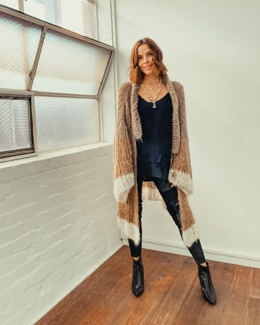 Shawl Collar Hand Knit Cardigan (Alpaca) - Tri Colour Dark