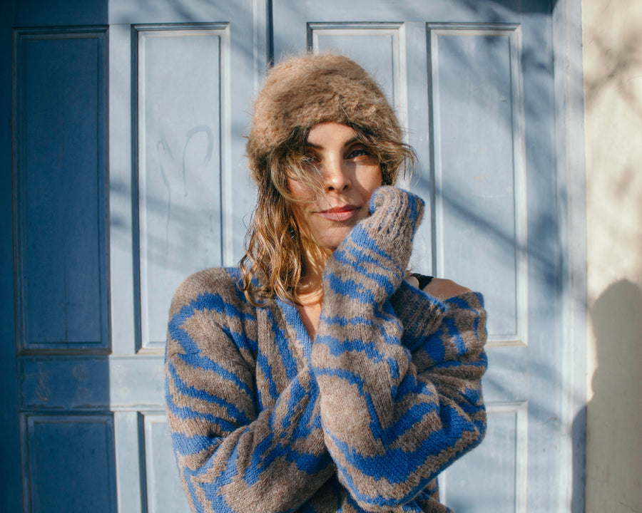 Hand Knit Cable Beanie Style Hat - (Alpaca) Grey Marble