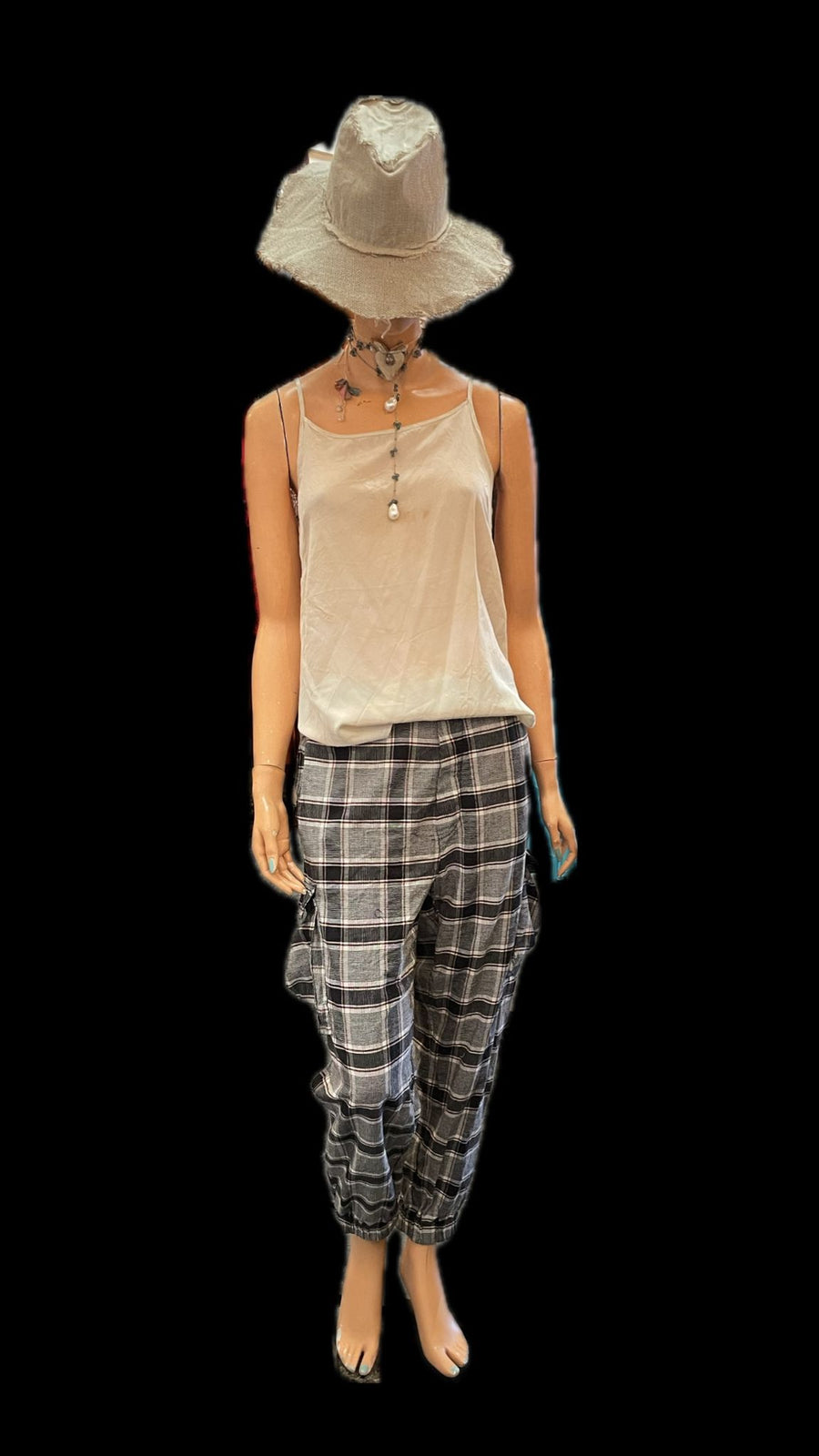 Cargo style pant with elasticated waistband - Linen tartan checks