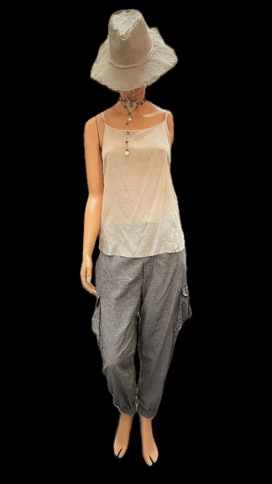 Cargo style pant with elasticated waistband - Linen micro houndstooth
