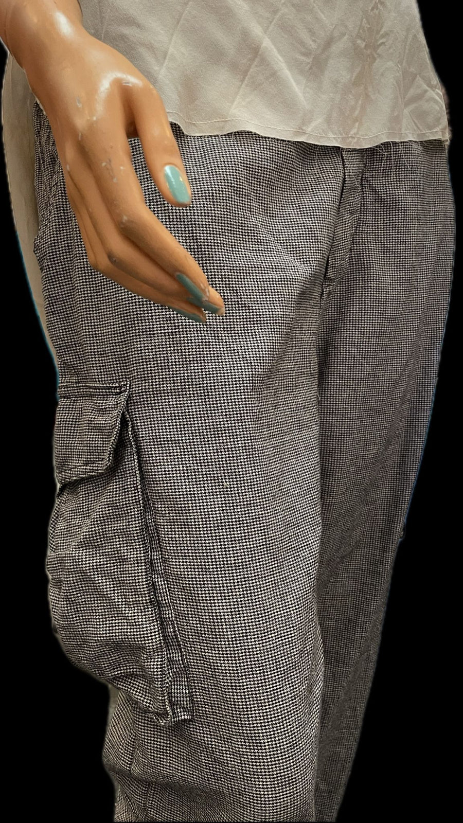 Cargo style pant with elasticated waistband - Linen micro houndstooth