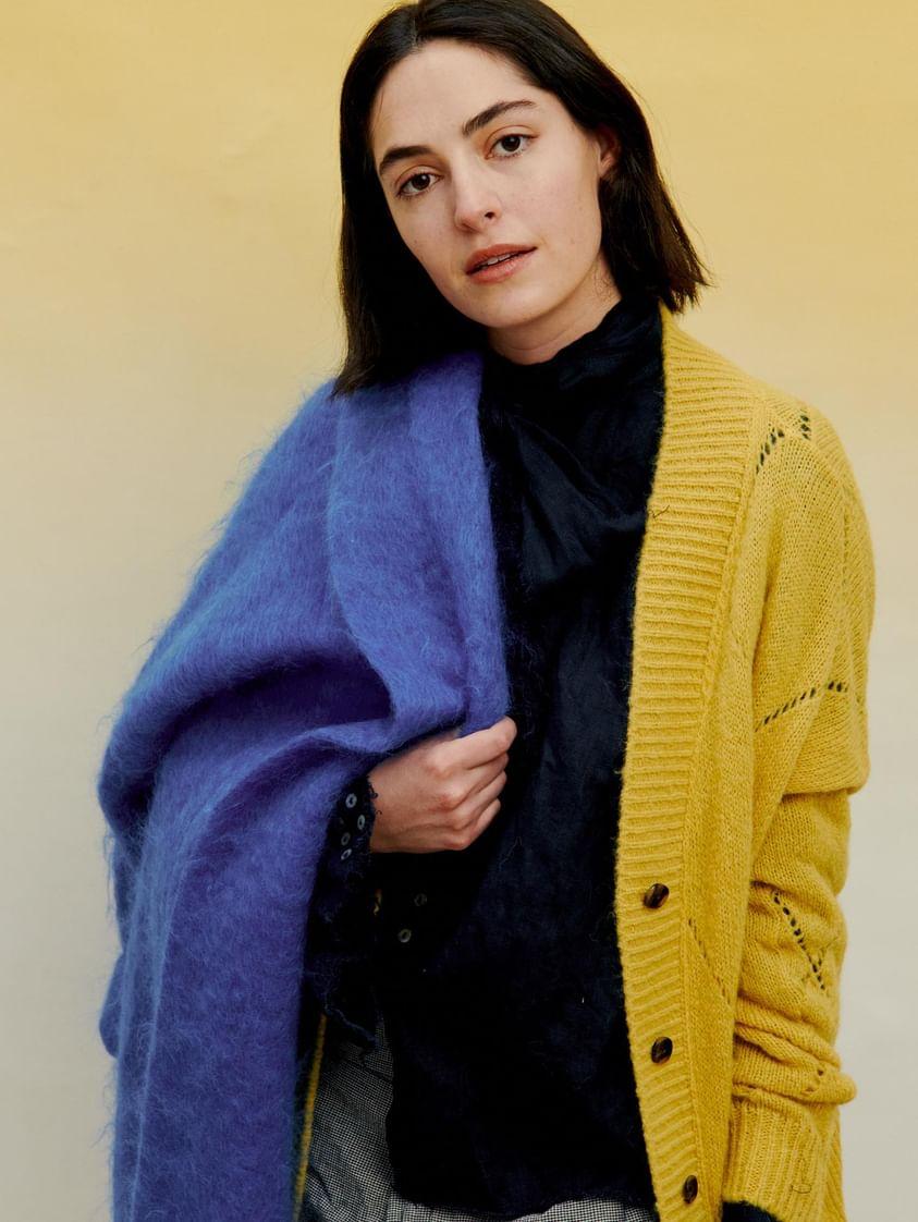 Argyle Eyelet Grandpa Cardigan  (Alpaca) - Duck Egg