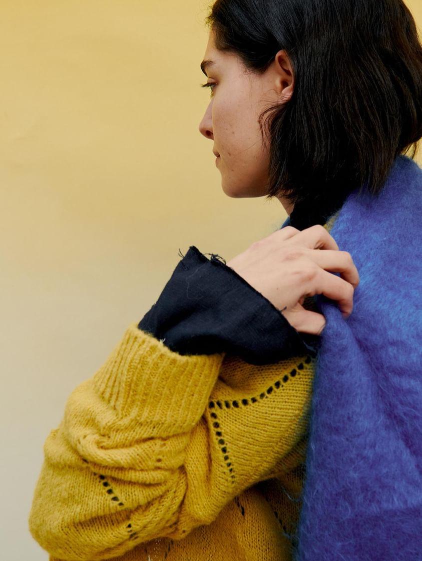 Argyle Eyelet Grandpa Cardigan  (Alpaca) - Duck Egg