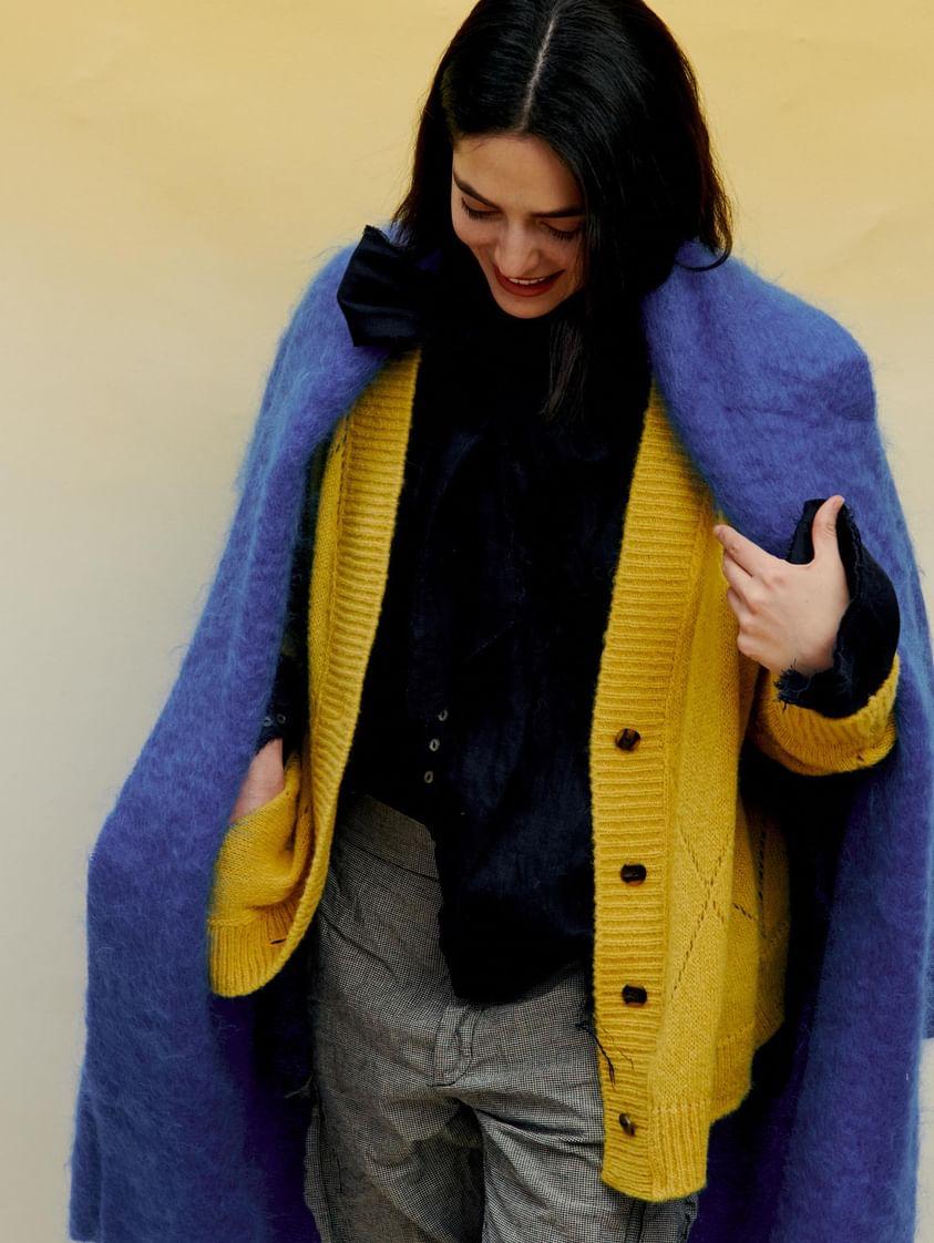 Argyle Eyelet Grandpa Cardigan  (Alpaca) - Duck Egg