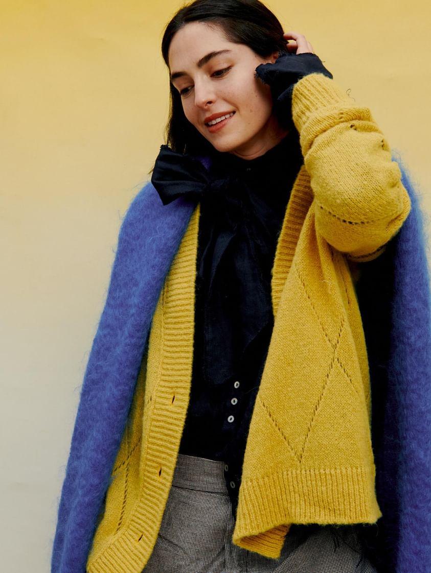 Argyle Eyelet Grandpa Cardigan  (Alpaca) - Duck Egg