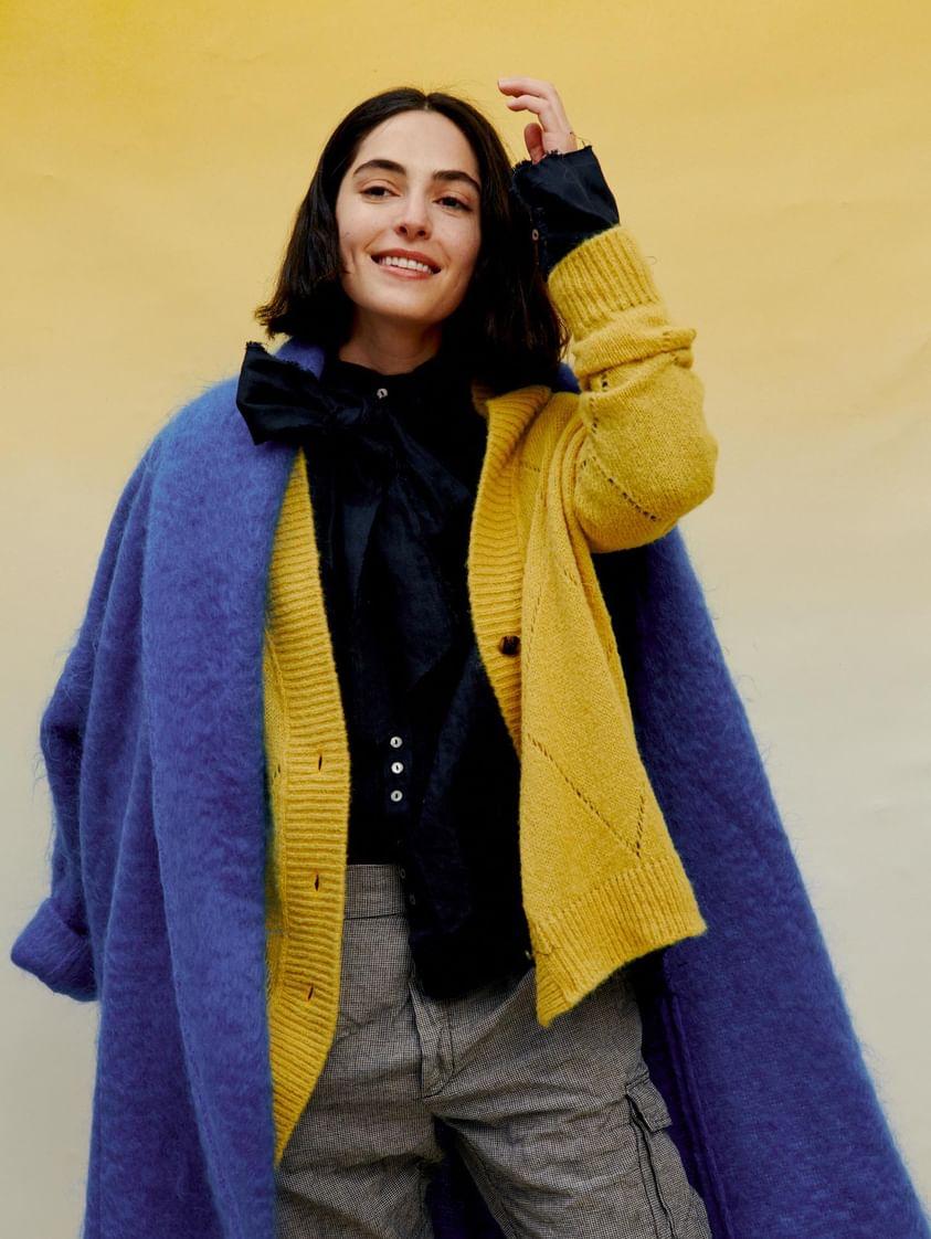 Argyle Eyelet Grandpa Cardigan  (Alpaca) - Duck Egg