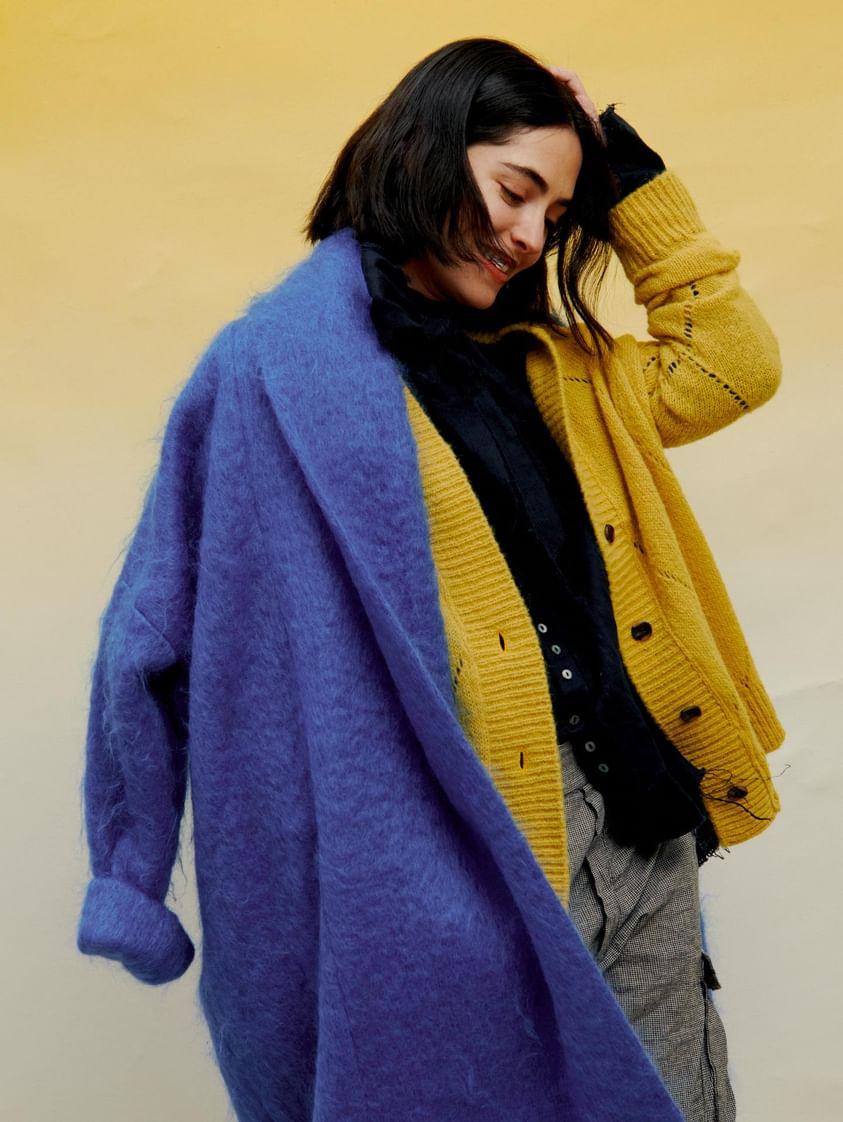 Argyle Eyelet Grandpa Cardigan  (Alpaca) - Duck Egg