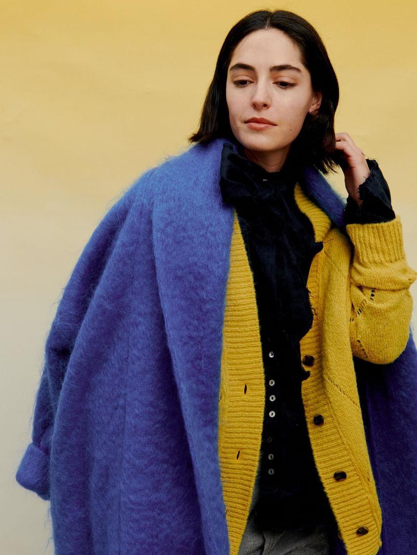 Argyle Eyelet Grandpa Cardigan  (Alpaca) - Duck Egg
