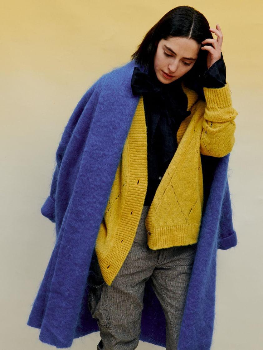 Argyle Eyelet Grandpa Cardigan  (Alpaca) - Duck Egg