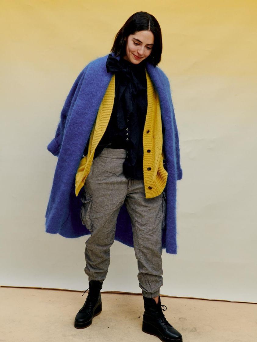 Argyle Eyelet Grandpa Cardigan  (Alpaca) - Duck Egg