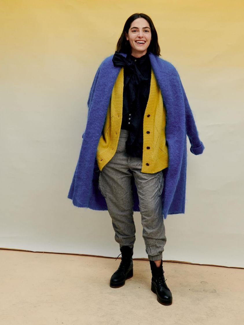 Argyle Eyelet Grandpa Cardigan  (Alpaca) - Duck Egg