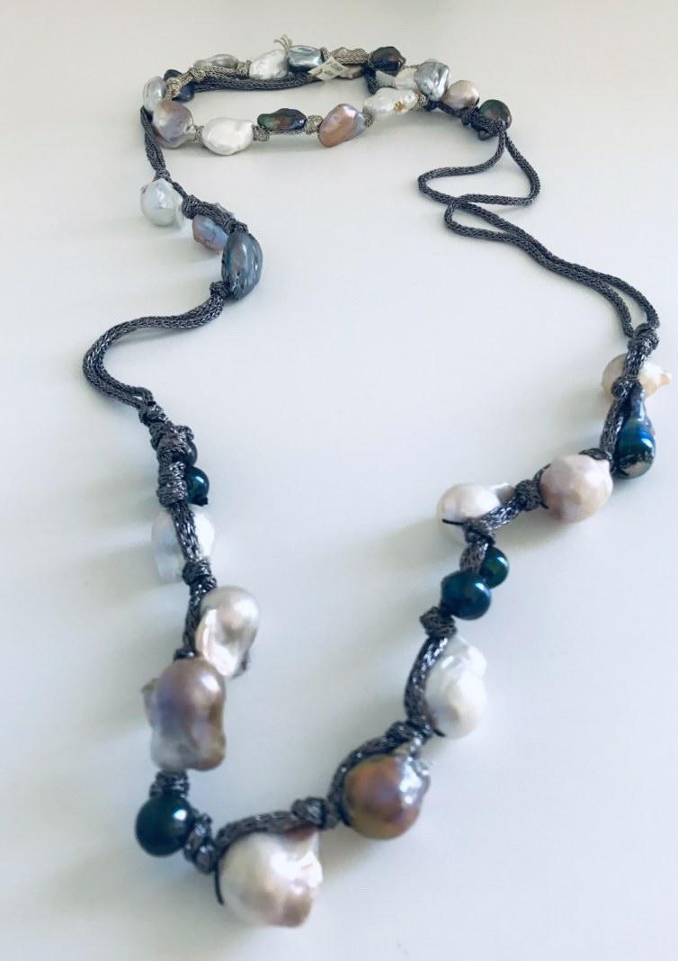 South Sea Baroque Pearls Necklace With Metallic gold Silk (Multicolour Pearls)