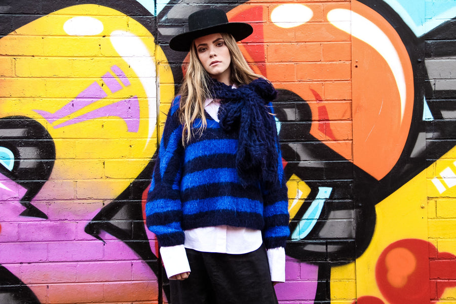 Hand-Knit V Neck Batwing Sweater (Alpaca) - Blue Stripe