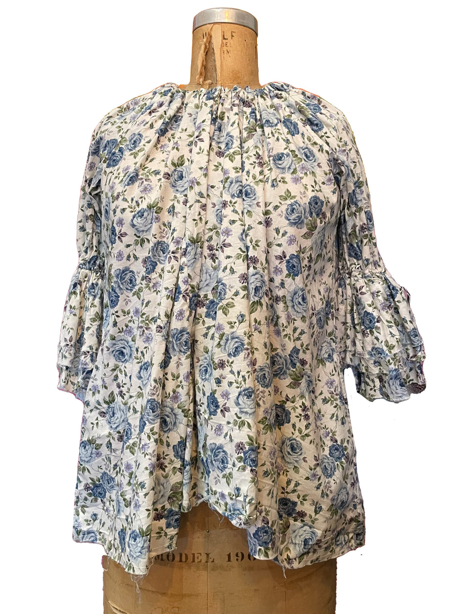 Button Back Blouse (Japanese cotton Lawn) - Blue Blooms