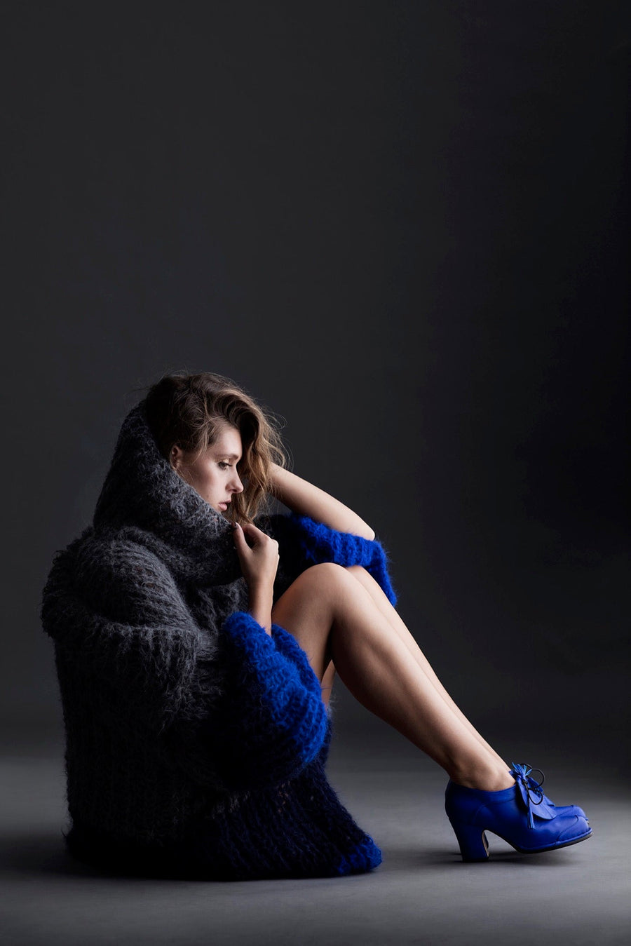 Shawl Collar Handknit Cardigan (Alpaca) - Tri Colour Blues