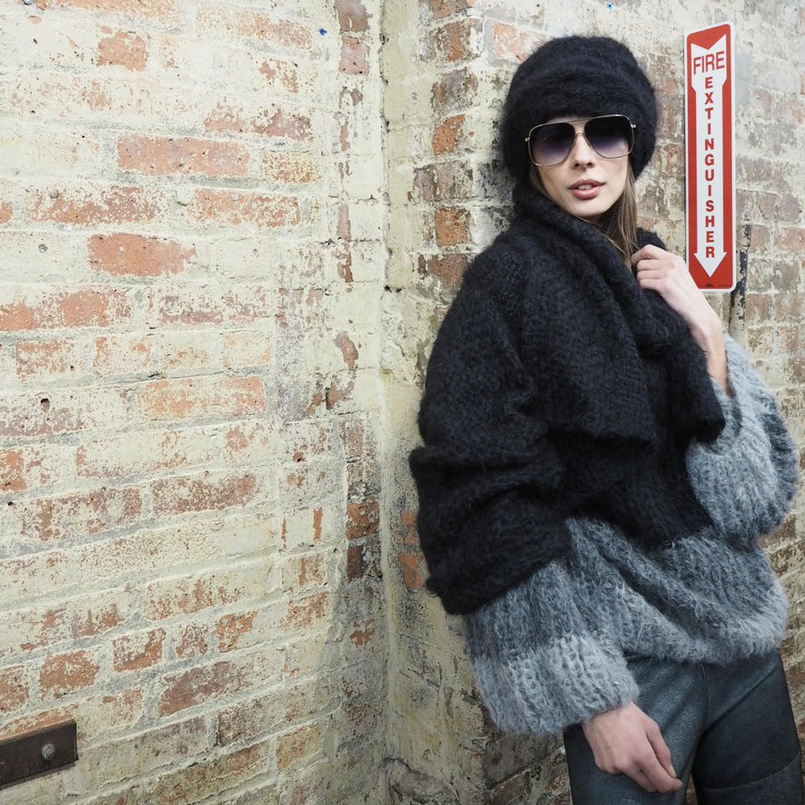 Hand Knit Cable Beanie Style Hat - (Alpaca) Grey Marble