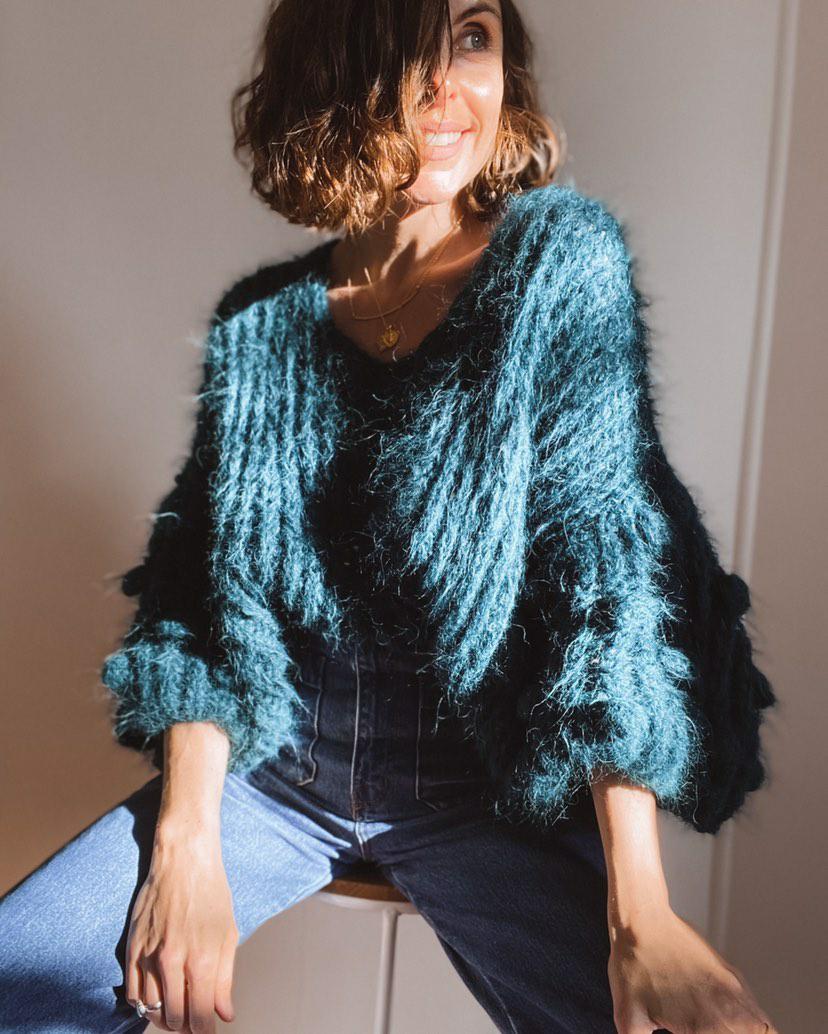 Hand Knit Popcorn Sleeve Sweater (Alpaca) - Snow