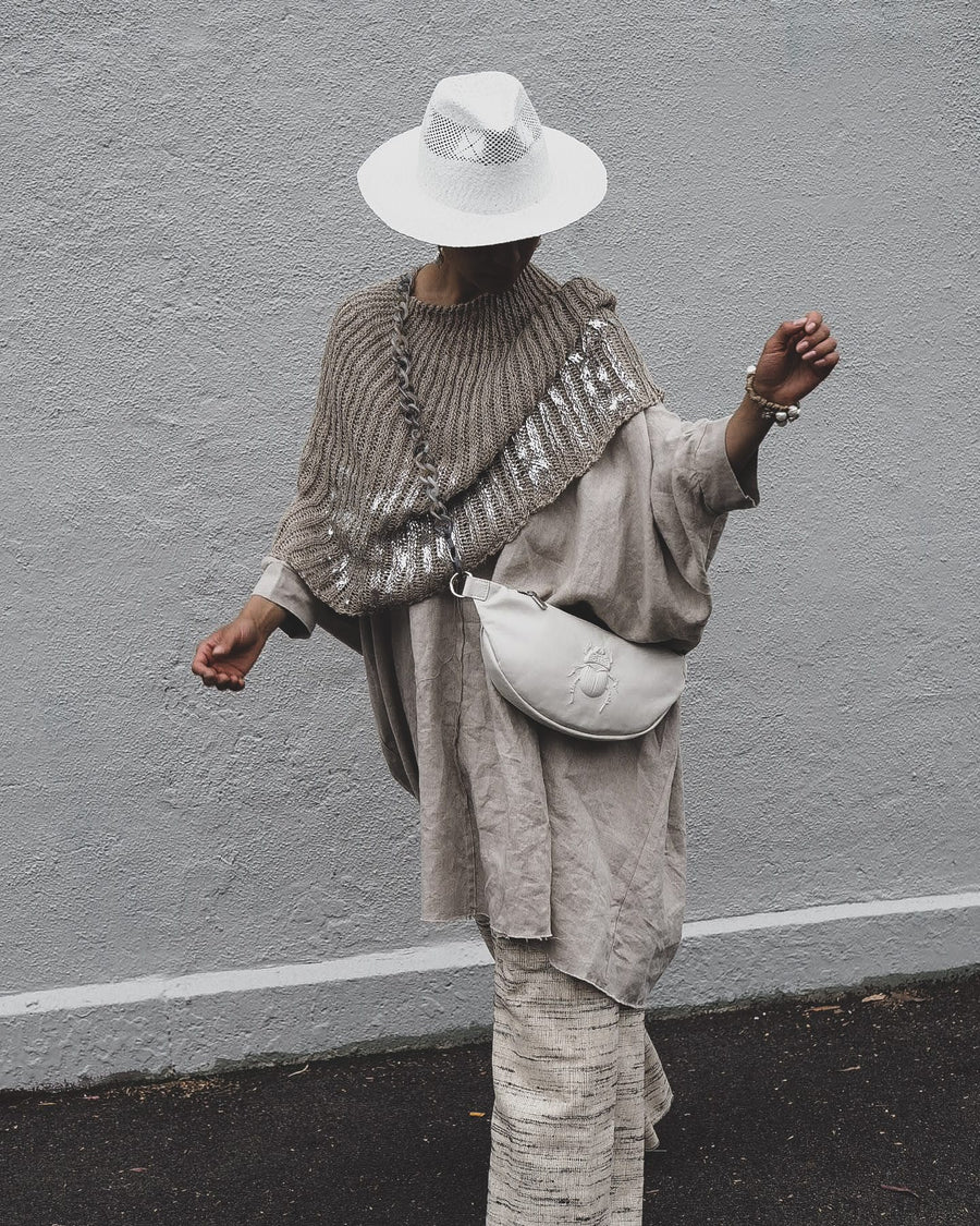 Hand Knit Shrug (Linen) W/ Foil Print - Mocca