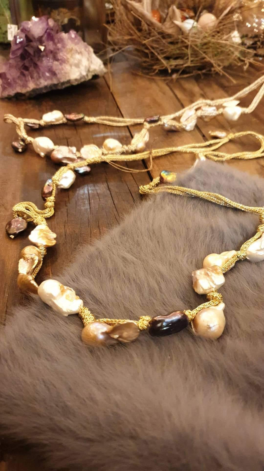 South Sea Baroque Pearls Necklace With Metallic Gold Silk (Multicolour Pearls)