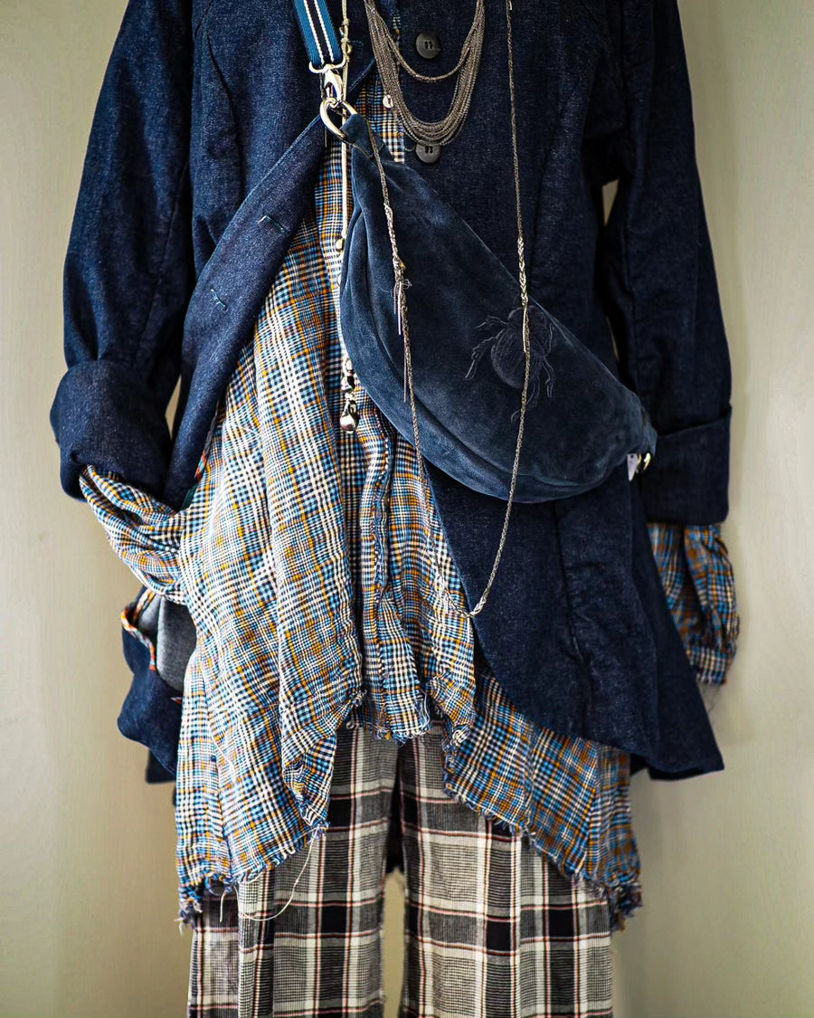 Pintuck Shirt (Linen) - Navy/White/rust prince of wales Check